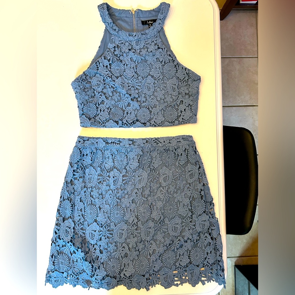 Lulu’s Blue Lace Two Piece Lace Skirt and Crop Top